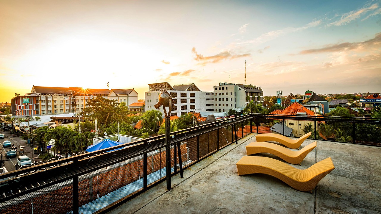 sunset, city, architecture, cityscape, urban, tourism, nature, travel, landmark, buildings, panorama, bali, hostel, rooftop, modern