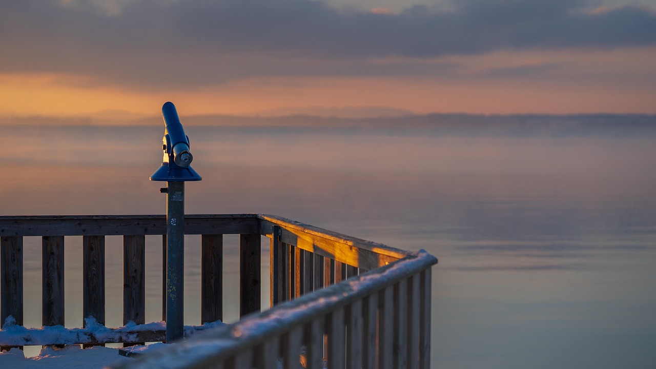 sunset, nature, lake, telescope, evening atmosphere, evening sky, outlook, viewpoint, dusk